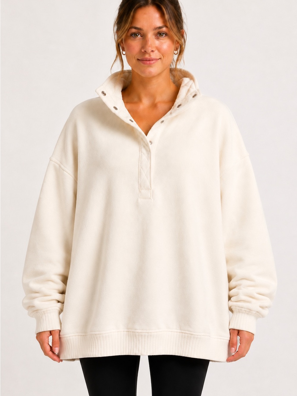Aerie Oversized Cream Snap Collar Pullover Sweatshirt Size Small